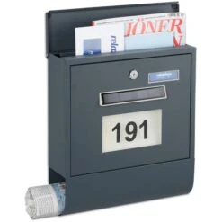 Relaxdays Briefkasten Mit Beleuchtung, Anthrazit, Stahl, 30,5x33,5x10cm, Zeitungsfach, Sichtfenster